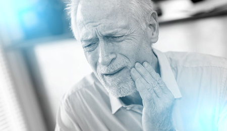 Senior man with hand on cheek suffering from toothache; light effectの写真素材