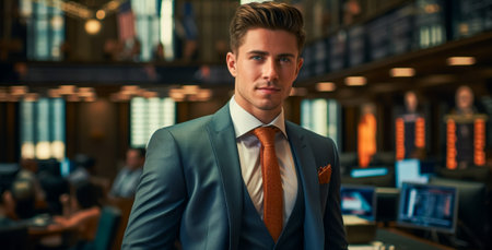 Portrait of a handsome young man in a blue suit in an office on backgroundの素材