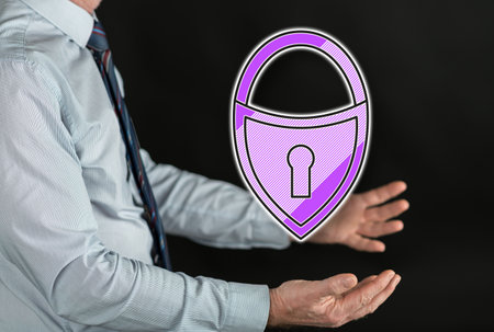 Cyber security concept above the hands of a manの写真素材