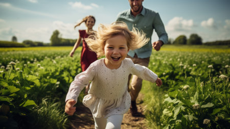 Happy family, father, mother and daughter running in the fieldsの素材