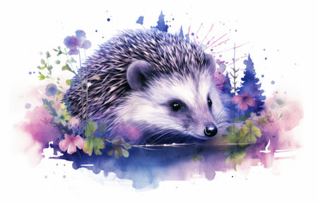 Watercolor illustration of a cute hedgehog with flowers and trees.の素材