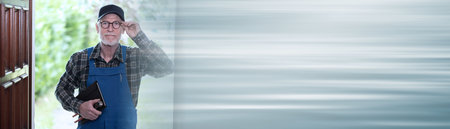 Portrait of repairman standing in the entrance of a house; panoramic banner