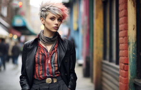 Portrait of a beautiful fashionable woman with short pink hair walking in the cityの素材