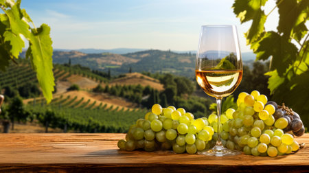Glass of white wine with bunches of grapes on blurred vineyard backgroundの素材
