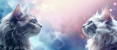 Two cute cats sitting on the background of the sky with clouds.の素材