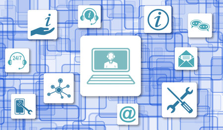 Concept of online support with icons on squaresの写真素材