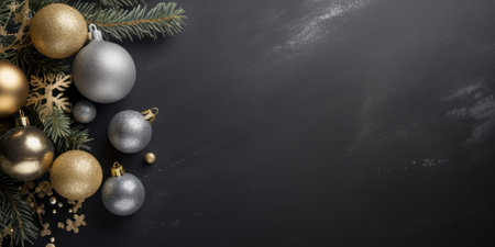 Christmas background with baubles and fir tree branches on blackboard. Copy spaceの素材