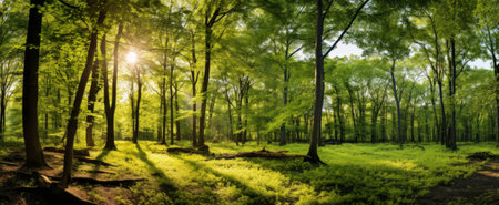 Morning sunlight in the green forest. Panoramic view of the forest.の素材