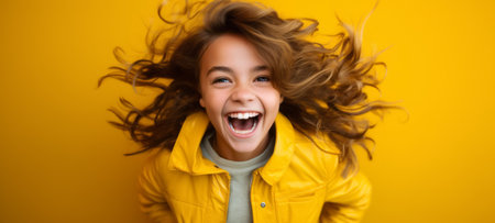 Portrait of a cheerful little girl in a yellow jacket on a yellow backgroundの素材