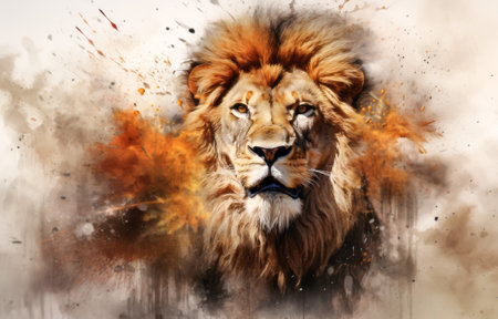 Beautiful lion head with colorful splashes of ink on white background.の素材
