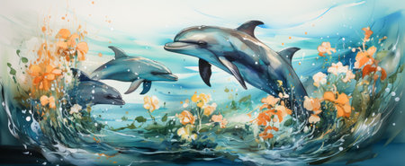 Watercolor painting of dolphins swimming in the ocean with colorful splashesの素材