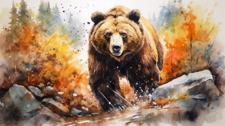 Beautiful brown bear running in the forest. Watercolor illustrationの素材