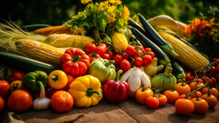 Sun-kissed corn cobs amidst a variety of vibrant vegetablesの素材