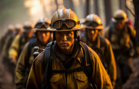 Portrait of a sweaty fireman determined to fight the fire. Firefighters at work.の素材