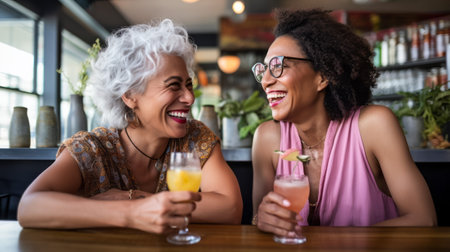 Cheerful diverse mature women enjoying a fun conversation with cocktails at a barの素材