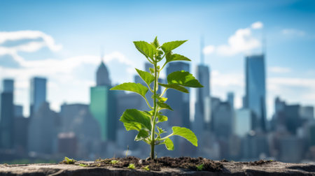 Green sprout growing from soil on blurred cityscape background. Ecology conceptの素材
