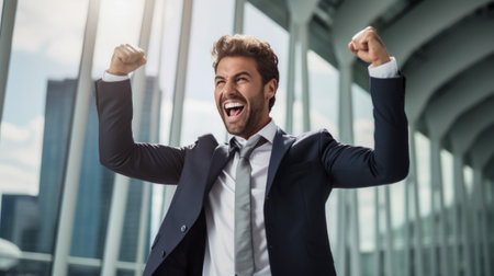 Cheerful businessman celebrating success in office. Success and achievement conceptの素材