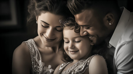 A young family with a daughter smiling and embracing, radiating love and affectionの素材