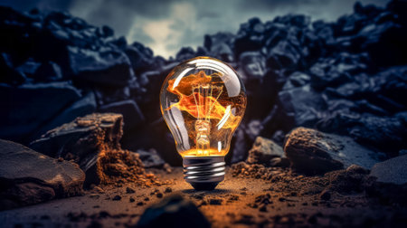 Glass glowing light bulb on dark background. 3D rendering. Concept of creativityの素材