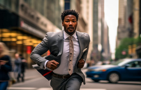 Portrait of a handsome African American businessman running fast in the city with motion blur effect.の素材