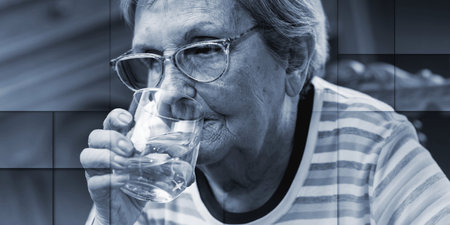 Elderly woman drinking water at home, geometric patternの写真素材