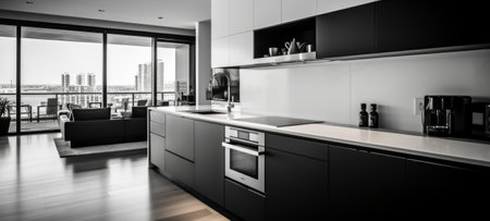 Interior of modern kitchen in black and white with panoramic windows. 3D Renderingの素材