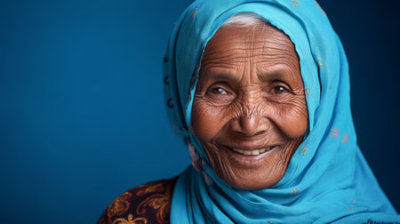 Elderly indian woman with a radiant smile wearing a blue headscarf, exemplifying joy and serenityの素材