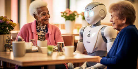 Senior women in conversation with a humanoid robot, showcasing technology in elderly careの素材