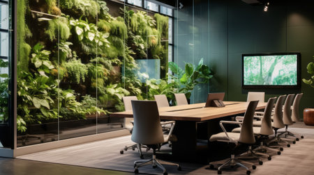 Interior of modern conference room, meeting room with green walls and wooden floor. Green industry and environment protection conceptの素材
