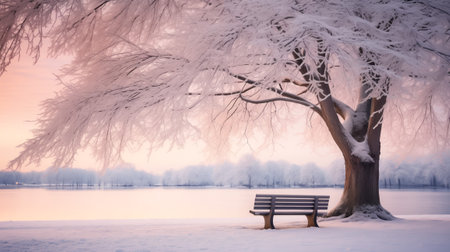 Peaceful snowy bench under a frosted tree at dawn, overlooking a tranquil frozen lakeの素材