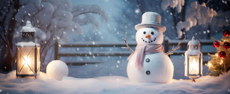 Snowman in scarf and top hat flanked by glowing lanterns amidst falling snowの素材