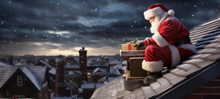 Santa with presents sitting on a snowy roof under a starry winter skyの素材