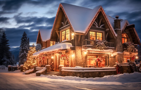 Cozy illuminated house adorned with festive decorations and a christmas tree on a snowy nightの素材