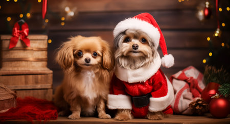 Cute little dogs dressed in a Santa costume and festive scarf with Christmas decor backgroundの素材