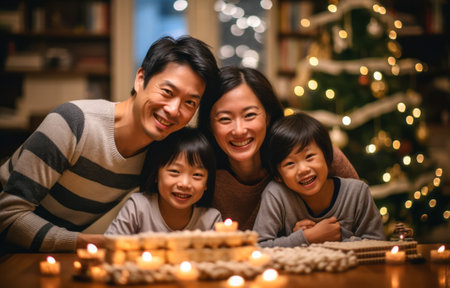 Asian family with two children smiling warmly, surrounded by holiday lightsの素材