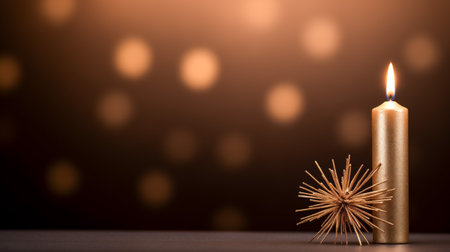 A lit golden candle casting a warm glow beside a sparkly christmas ornamentの素材