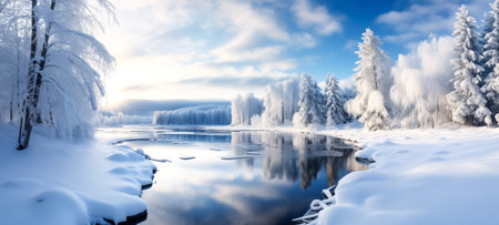 Tranquil river meandering through a snow-blanketed forest under a soft sunriseの素材