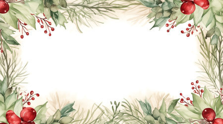 Festive watercolor frame with green pine leaves and red holly berries on a white backgroundの素材