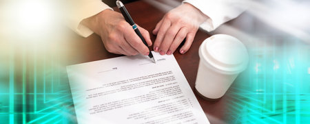 Hand of businesswoman signing a contract (lorem ipsum text used); multiple exposure