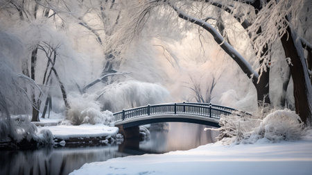 Ethereal winter scene featuring a bridge amid snow-laden trees reflecting in the calm river watersの素材