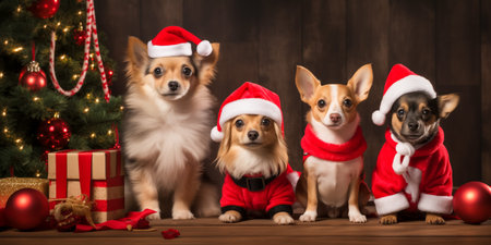 Four cute dogs dressed in Santa outfits with a decorated Christmas tree in the backgroundの素材