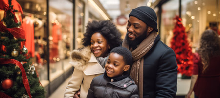 Smiling African-American couple with child, surrounded by holiday decorations on a shopping spreeの素材