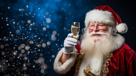 Smiling Santa Claus holding a glass of champagne, celebrating with festive joy and cheerの素材