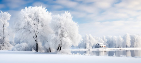 Snow-laden trees frame a solitary house reflecting on a still lake under a soft blue skyの素材