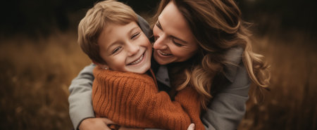 Joyful young boy hugging a laughing woman warmly in a fall sceneの素材