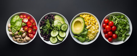 Four bowls of vibrant salads with fresh vegetables like tomatoes, avocados, and greensの素材