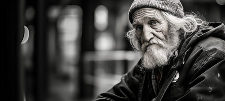 Pensive senior white man with a long beard and beanie, looking away in a black and white imageの素材