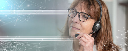 Portrait of female helpline operator in headset; panoramic banner