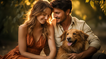 Young couple in love sharing a quiet moment with their golden retriever amidst the soft glow of sunsetの素材
