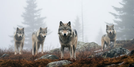 A pack of gray wolves in the wild, alert and poised in a foggy woodland settingの素材